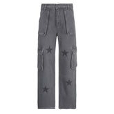 Street Retro Low Waist Denim Overalls Printed Large Pocket Straight Casual Pants